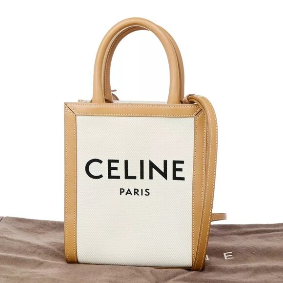 CELINE Logo Vertical Cabas 2Way Mini Hand Tote Bag Canvas Leather Brown - Picture 2 of 16